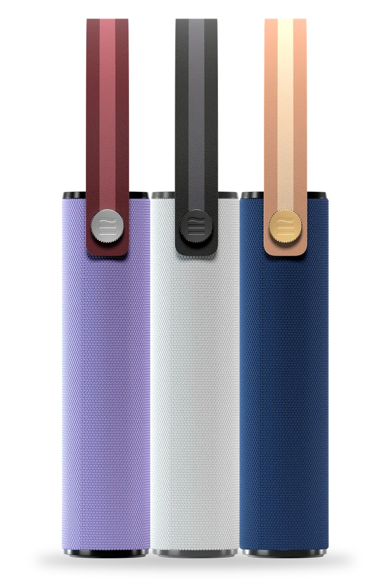 three loops side by side in lilac, grey and blue